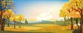 Panorama landscapes of Autumn farm field with maple leaves falling from trees, Fall season in evening