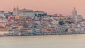 Panorama of Lisbon historical center and ferry terminal Terreiro do Paco aerial timelapse during sunset from above Royalty Free Stock Photo