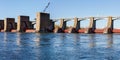 Panorama of Lock and Dam No. 5A near Fountain City, Wisconsin on the Upper Mississippi River during autumn.