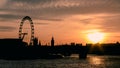 Panorama of London in sunset light. London Eye, Waterloo Bridge, Big Ben, House of Parliament Royalty Free Stock Photo