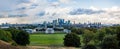 Panorama of London, viewed from Greenwich observatory. Canary wharf in the middle, O2 on the right Royalty Free Stock Photo