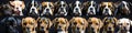 A lot of heads of dogs and puppies of different breeds on a black background. Generative AI