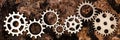 Panorama, lots of gears on rusty backgorund Royalty Free Stock Photo