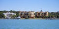 Panorama of Luxury beach house with boat dock Royalty Free Stock Photo