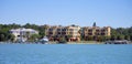 Panorama of Luxury beach house with boat dock Royalty Free Stock Photo