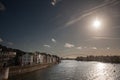 Panorama of the Maastricht Waterfront on the Meuse Maas river with a focus on the hoge brug bridge, in autumn, during a sunny Royalty Free Stock Photo