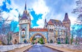 Panorama of the main entrance gate to Vajdahunyad Castle, the main landmark in City Park, on February 23 in Budapest, Hungary Royalty Free Stock Photo