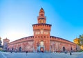Panorama of the main facade of Sforza`s Castle with its main tower Torre del Filarete, serving as the entrance, Milan, Italy Royalty Free Stock Photo