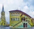 Panorama of the main landmarks of Rathausplatz, the Town Hall and Church of St. Peter und Paul, Bern, Switzerland Royalty Free Stock Photo