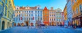 Panorama of Male namesti Little Square with outstanding surrounding medieval townhouses in Prague, Czechia