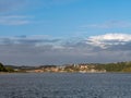 Panorama of Mariager Fjord coastline with forested hills, Hobro, Himmerland, Nordjylland, Denmark