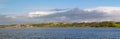 Panorama of Mariager Fjord coastline with forested hills, Hobro, Himmerland, Nordjylland, Denmark