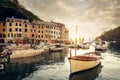 Panorama of marina bay in Portofino village, Italy