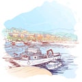 Panorama of the marina with fishing boats. La Spezia, Liguria, Italy. Vintage design