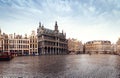 Panorama of the Market Square or Grand Place in Brussels in autumn rainy weather, Belgium Royalty Free Stock Photo