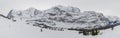 Panorama of massive majestic mountains above Lauterbrunnen such as Monch, Eiger and Jungfrau as seen from Wengen ski area in Royalty Free Stock Photo