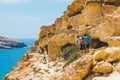 Panorama of Matala beach. Caves on the rocks