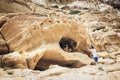 Panorama of Matala beach. Caves on the rocks