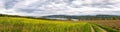 Panorama on a meadow with a dirt path against the backdrop of river Rhine and villages in the hills Royalty Free Stock Photo