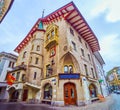 Panorama of medieval Gothic building of Alte Suidtersche Apotheke Old Pharmacy, on March 30 in Lucerne, Switzerland