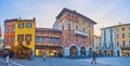 Panorama of medieval houses on Piazza del Mercato del Grano Grain Market Square of Como, Italy