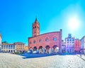Panorama of medieval Monza town with historical townhall, called Palazzo dell\'Arengario, Italy
