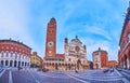 Panorama of Piazza del Comune with Cathedral and Baptistery of Cremona, Italy Royalty Free Stock Photo