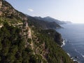 Panorama of mediterranean sea coast shore green nature landscape Torre del Verger Banyalbufar Mallorca Balearic Spain Royalty Free Stock Photo