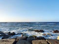 Panorama Mediterranean Sea landscapes seen from african city Alexandria with clear blue sky in warm sunny spring day