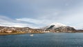 Panorama of Melbu village on Hadseloya from Hadselfjorden, Nordland, Norway Royalty Free Stock Photo