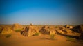 Panorama of Meroe pyramids in the desert at sunrise in Sudan, Royalty Free Stock Photo