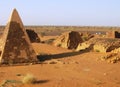 Panorama of Meroe pyramids in the desert at sunset in Sudan Royalty Free Stock Photo