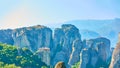 Panorama of Meteora rocks with The Monastery of Rousanou Royalty Free Stock Photo