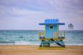Panorama of Miami Beach, Florida. Miami South Beach lifeguard tower and coastline with cloud and blue sky. Royalty Free Stock Photo