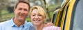 Panorama Middle Aged Man and Woman Couple With Camper Van Bus Royalty Free Stock Photo