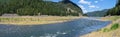 Panorama of the Middle Fork Willamette River flowing between the mountains in the Willamette National Forest, Oregon, USA Royalty Free Stock Photo