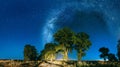 Milky Way Galaxy In Night Starry Sky Above Tree In Summer Forest. Glowing Stars Above Landscape. Panorama Royalty Free Stock Photo