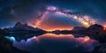 panorama with milky way in night starry sky against colorful bright background of lake and snowy mountains Royalty Free Stock Photo