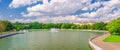 Panorama of Minsk cityscape with Svislach Svislac river embankment, Janka Kupala Park