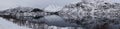 Panorama with Mirror Reflections in Oksfjord from Austerstraumen bru in winter in Norway