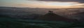 Panorama misty countryside landscape vibrant dawn sunrise