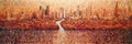 Panorama of modern city on the bank of the river. Abstract digital horizontal painting in red tones. Generative AI