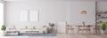 Panorama of modern living room with white furniture and dining area Royalty Free Stock Photo