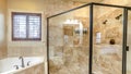 Panorama Modern luxury bathroom with glass shower cubicle Royalty Free Stock Photo