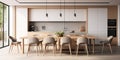 Panorama of modern minimalist interior design of kitchen with island, dining table and chairs Royalty Free Stock Photo