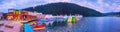 Panorama of the Molodist Lake with water park, on July 25 in Bukovel, Carpathians, Ukraine Royalty Free Stock Photo