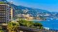 Panorama of Monaco coastline and luxury residential apartment buildings in Monte Carlo Principality of Monaco