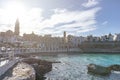 Panorama of Monopoli in Metropolitan City of Bari and region of Apulia Puglia. On the background the cathedral of the Madonna