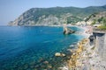 Panorama of Monterosso al Mare Beach, in season, a coastal village and resort in Cinque Terre, Liguria, Italy Royalty Free Stock Photo