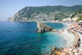 Panorama of Monterosso al Mare Beach, season, a coastal village and resort in Cinque Terre, Liguria, Italy Royalty Free Stock Photo
